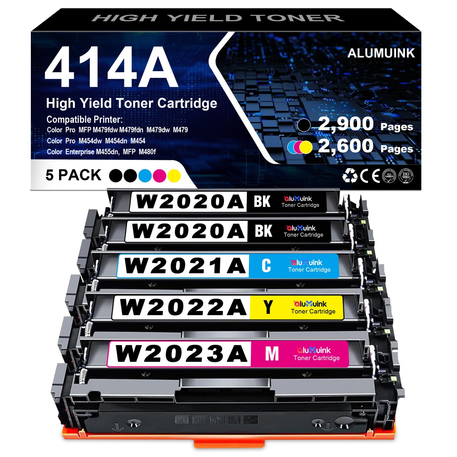 5PK Toner for HP 414A W2020A Color Laserjet Pro MFP M454dn M479dw with Chip 
