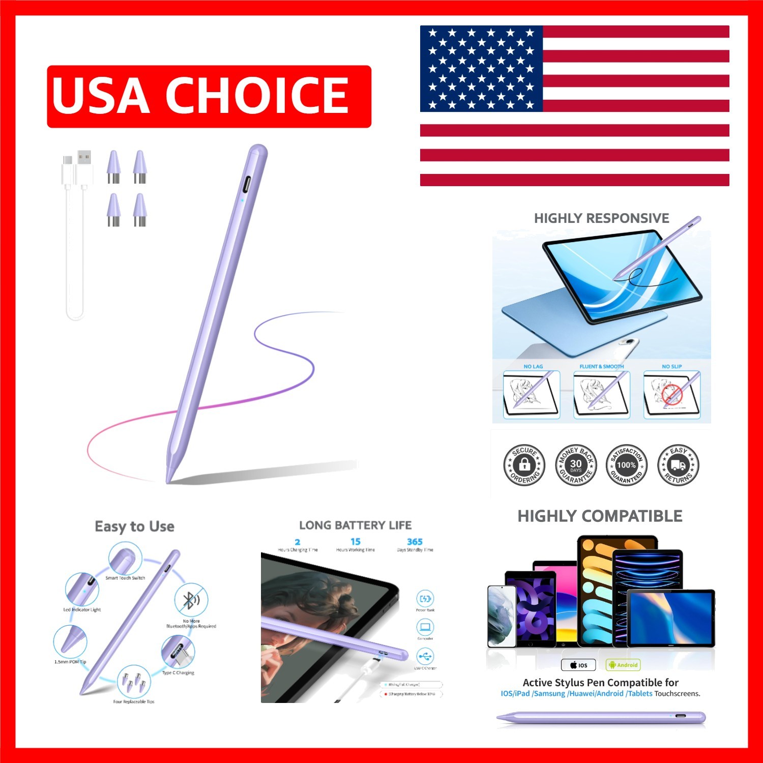 Versatile Touchscreen Stylus Pencil for iPad Pro & Android Tablets – 20-Hour Use