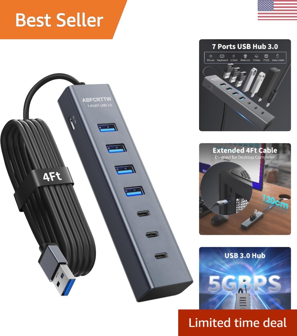 High-Speed 4Ft USB Hub with 7 Ports - Elegant Aluminum Design for Desktops