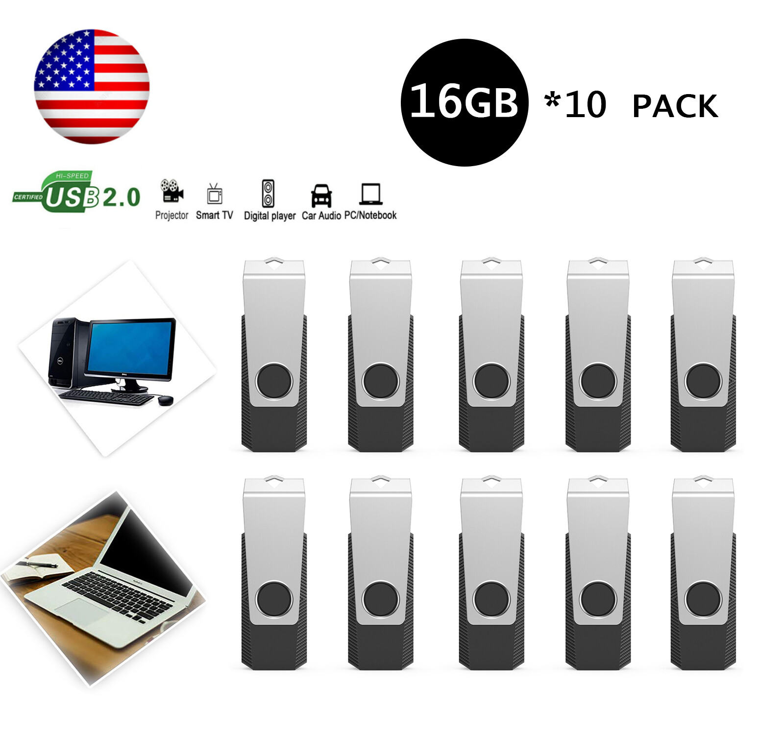 10 Pack 16GB USB 2.0 Flash Drive Folding Pen Drive Enough Swivel Memory Sticks