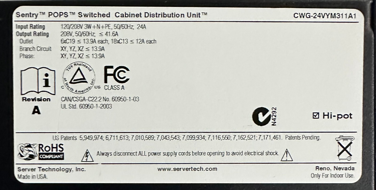 SERVER TECHNOLOGY SENTRY POPS SWITCHED CDU CWG-24VYM311A1 208V