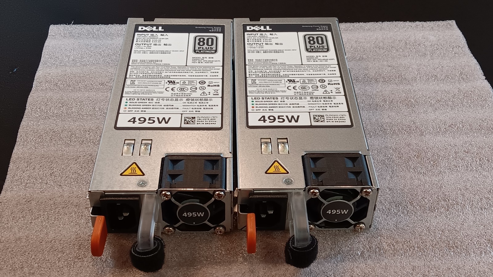 Lot of 2 Dell PowerEdge 80 Plus Platinum 495W Platinum Power Supply PSU 0N24MJ