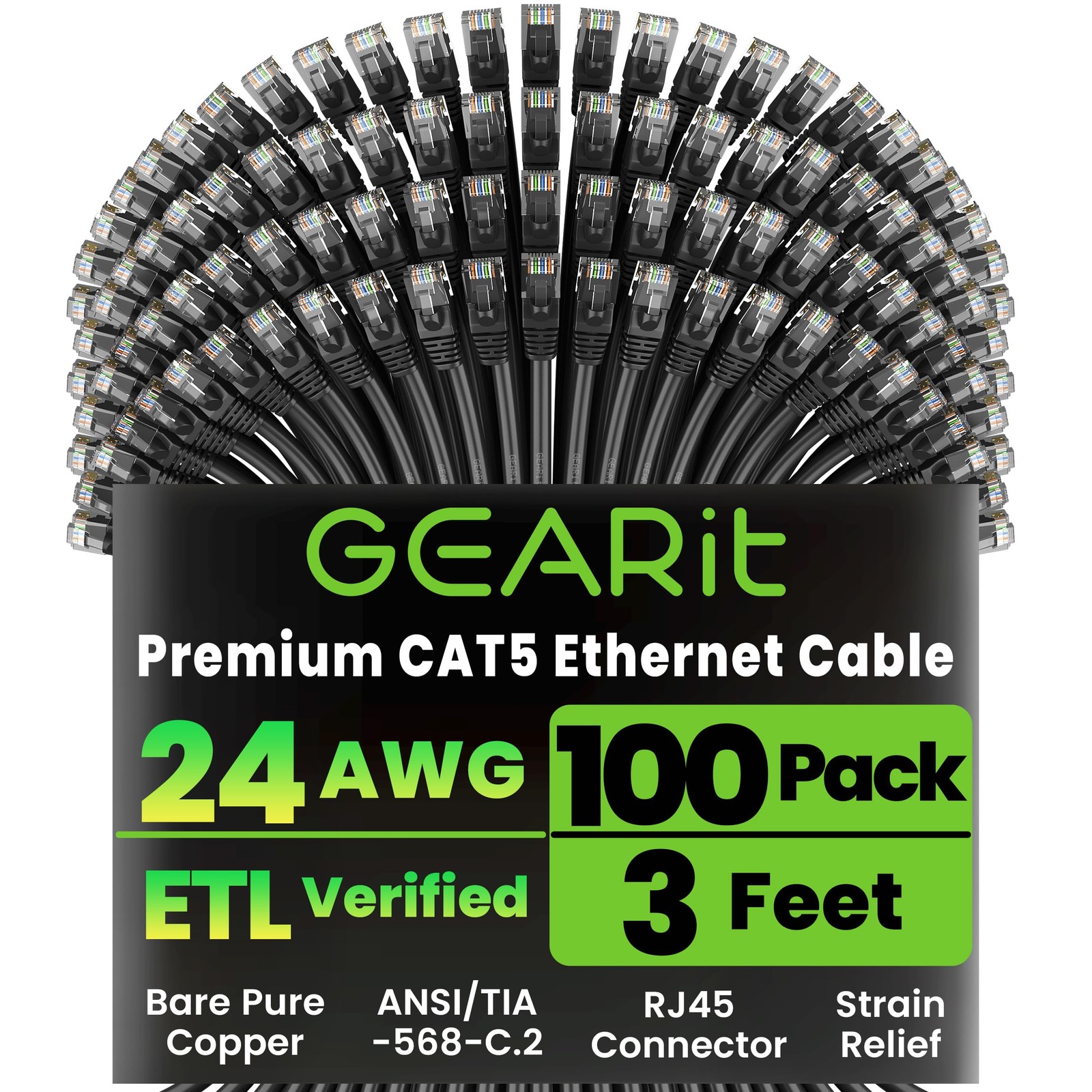 GearIT 100-Pack, Cat5e Ethernet Patch Cable 3 Feet - Snagless 3 Feet, Black