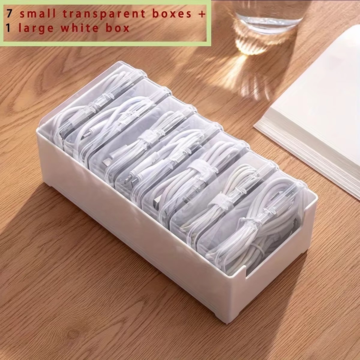 Desktop Cable Storage Box Organizer, 7 Small Compartments + 1 Large Box