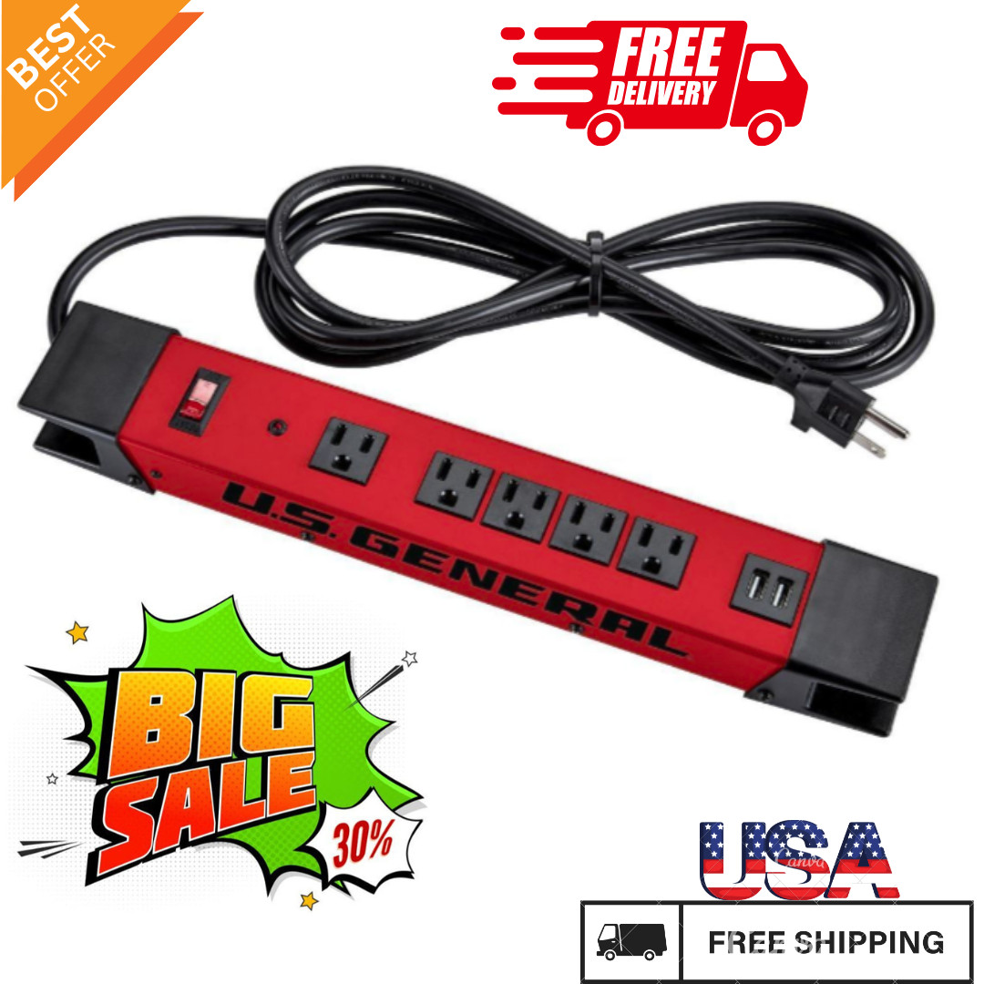 NEW 5 Outlet Heavy Duty Magnetic Power Strip, Metal Housing and 2 USB Ports,Red