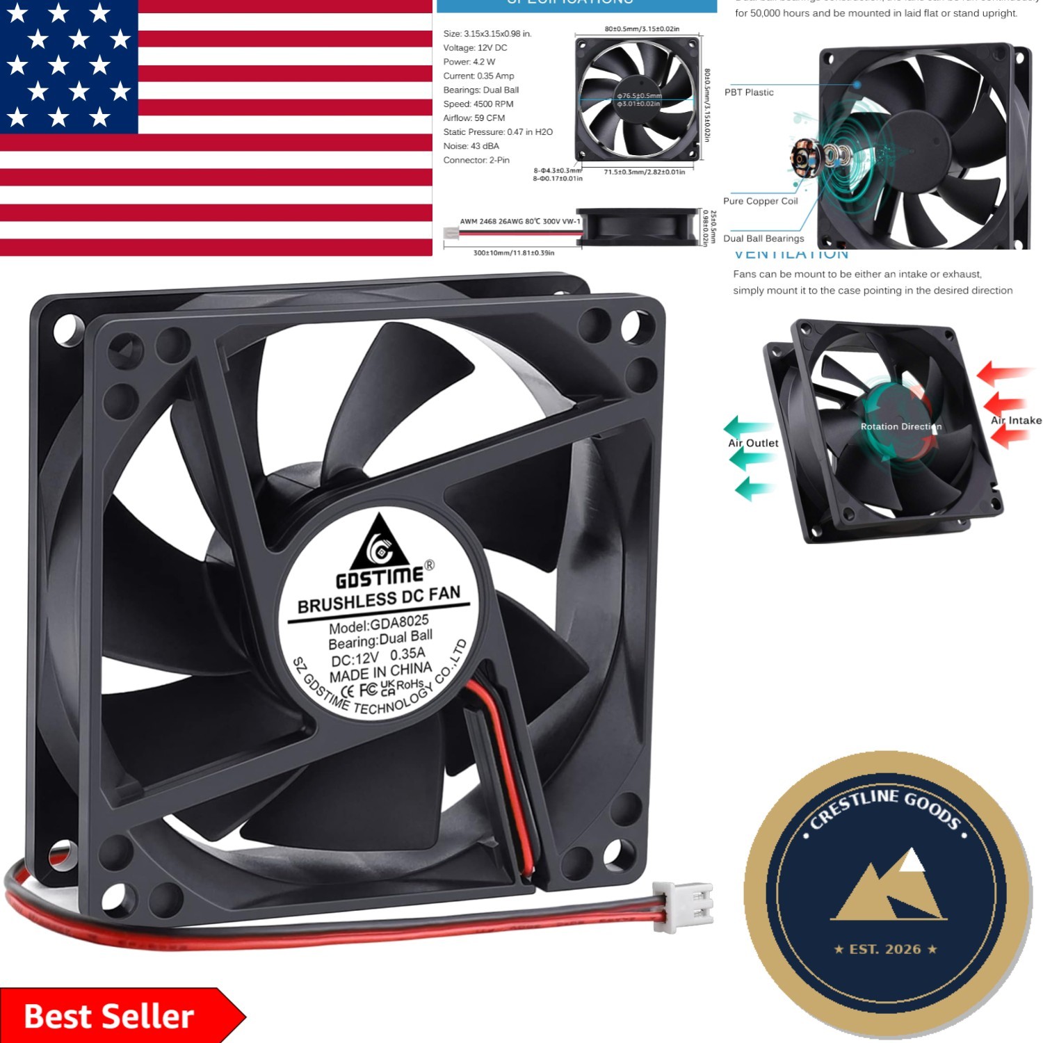 Versatile 80x25mm DC Cooling Fan: 4500RPM Air Flow with Dual Ball Bearings