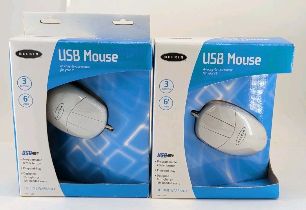 2X Belkin 3-Button USB Mouse White F8E813-USB Vintage Retro PC Mac New Open Box