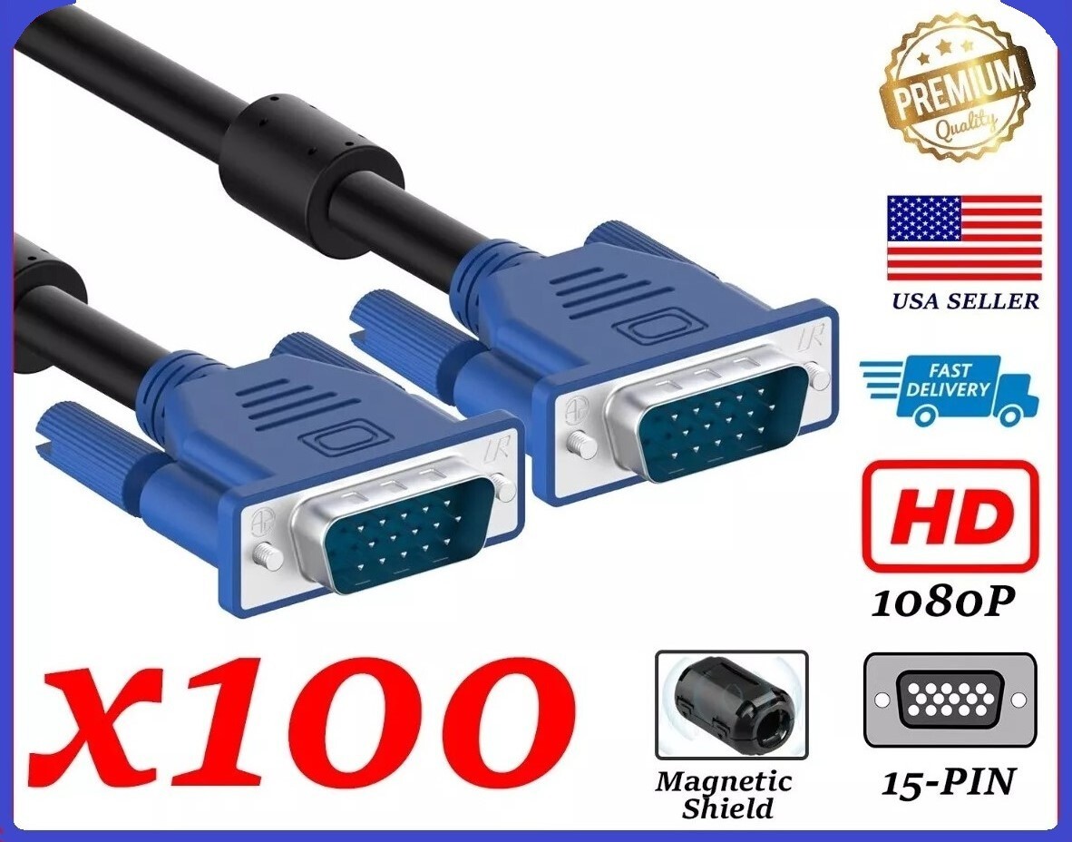 100 Units Pack Super VGA Cable Premium 1080P Full HD - 5ft Long Male to Male