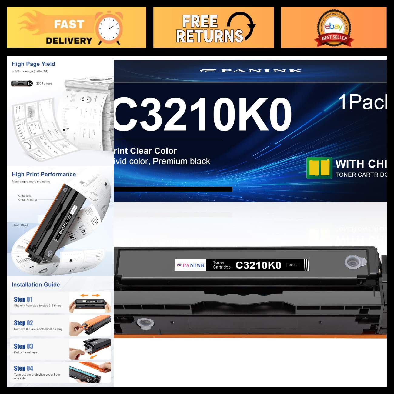 High-Quality Black Toner Cartridge Replacement for Lexmark C3210, 1 Pack