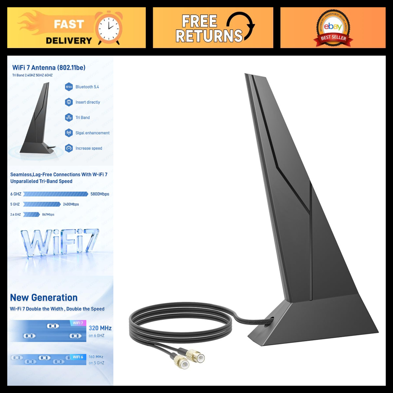 WiFi 7 Magnetic Base Antenna for Tri-Band 2.4/5/6GHz PC Motherboards