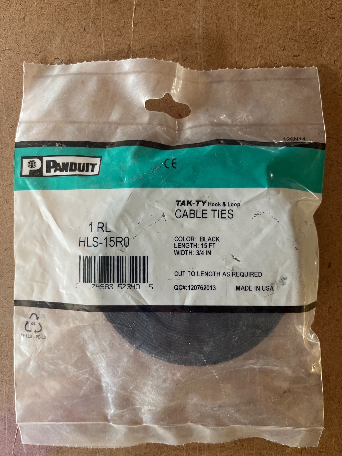 Panduit Tak-Ty Hook & Loop Cable Ties HLS-15R0 15ft Black, .75”/19mm Wide