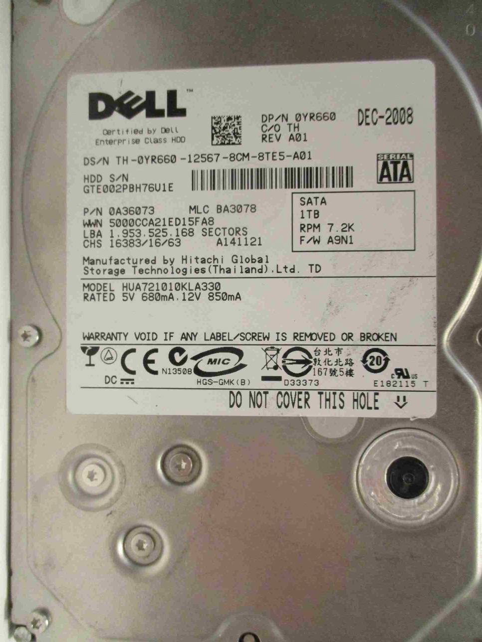 1TB DELL HUA721010KLA330 DEC-08 MLC: BA3078 | P/N: 0A36073