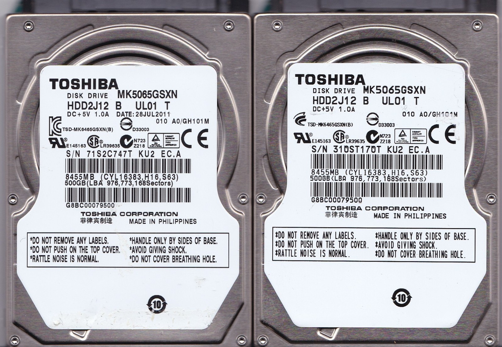 LOT of 2 MK5065GSXN HDD2J12 B UL01 T G002706A GH101M 500GB 2011 SATA 2.5 TOSHIBA