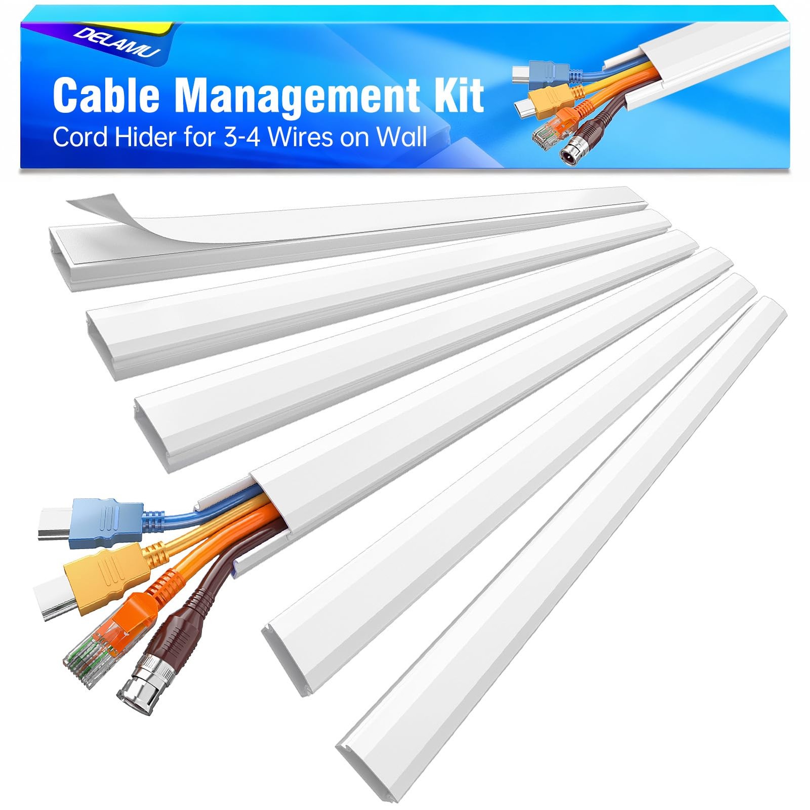 Delamu Cord Hider, Covers for 3-4 1.18in W x 0.67in H x 85in L, White 