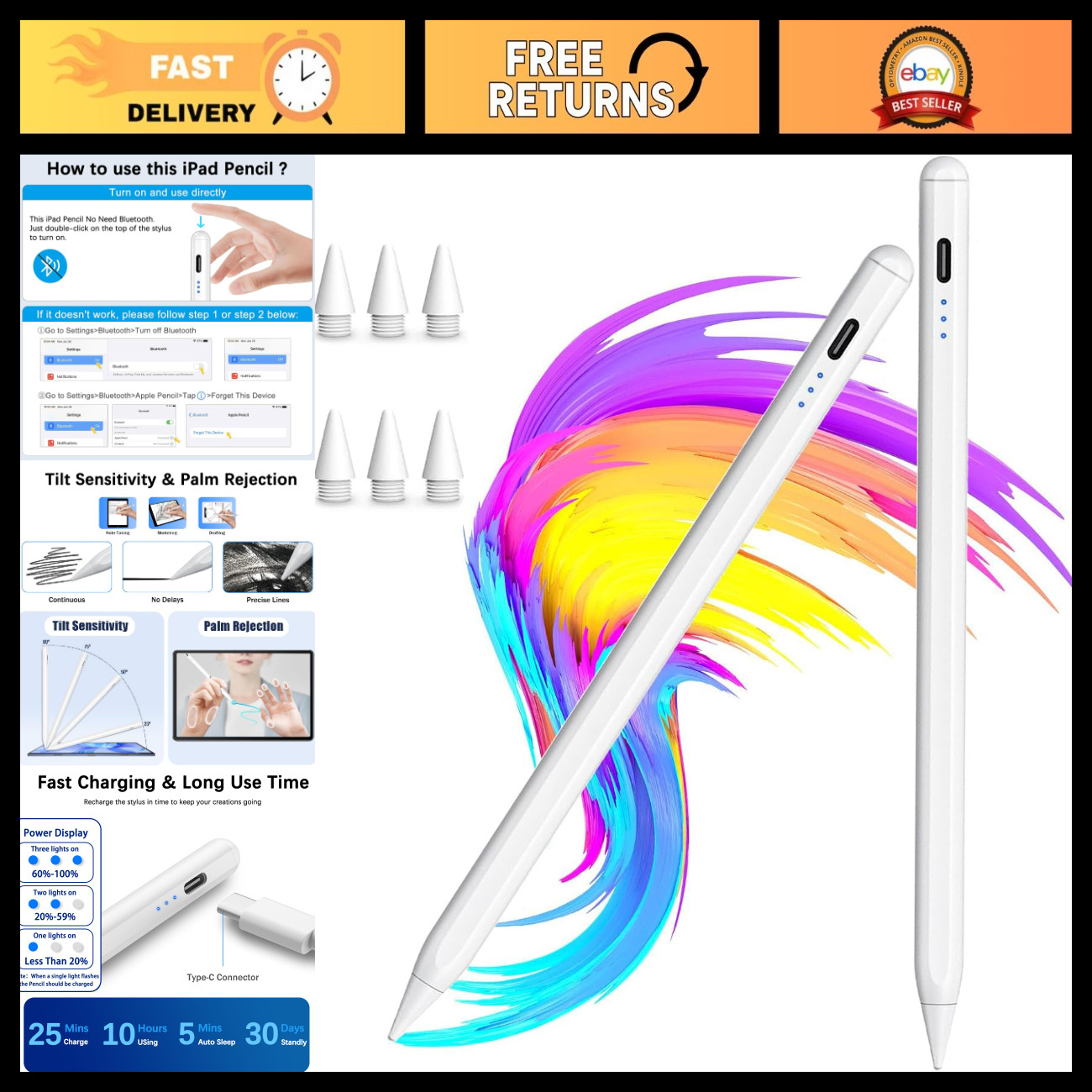 2Pack Stylus Pen for iPad 2018-2026, Fast Charging, Tilt Sensitivity, USB-C Comp