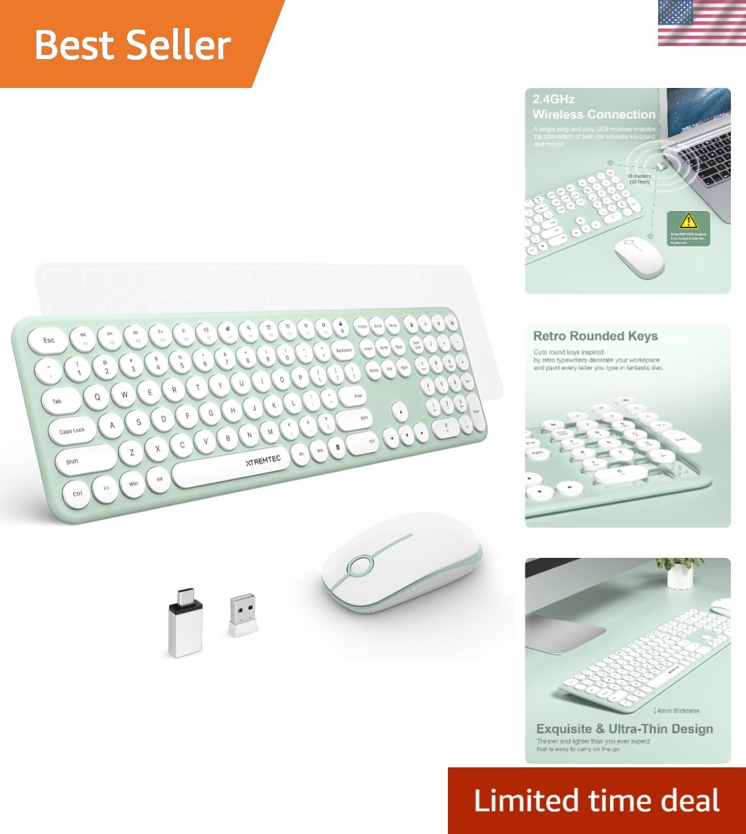 Wireless Keyboard and Mouse Combo, 2.4GHz Full Size Ultra Slim Green Silent K...