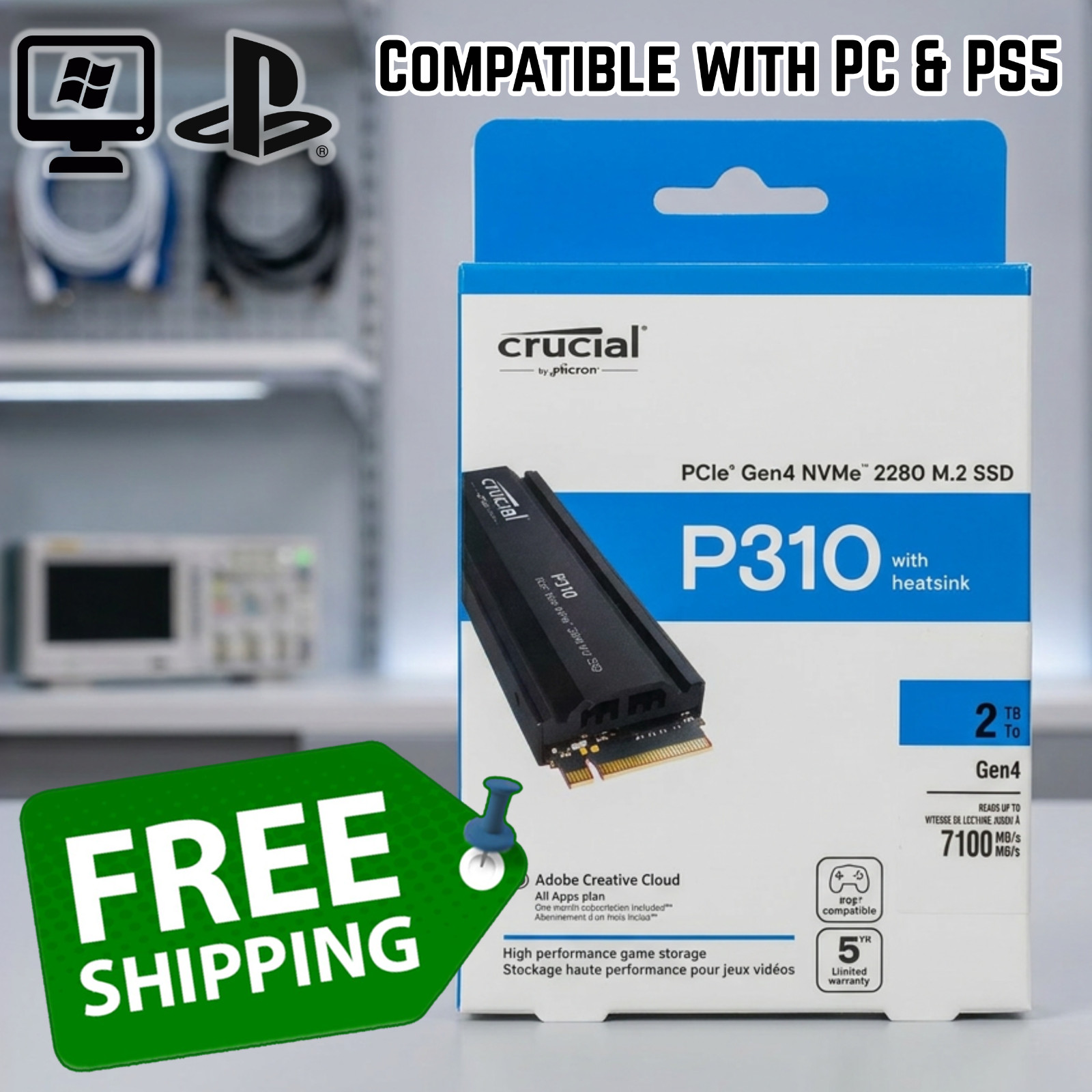 Crucial P310 2TB Heatsink Gen4 M.2 NVMe SSD 7100 MB/s TLC NAND Laptop PC PS5