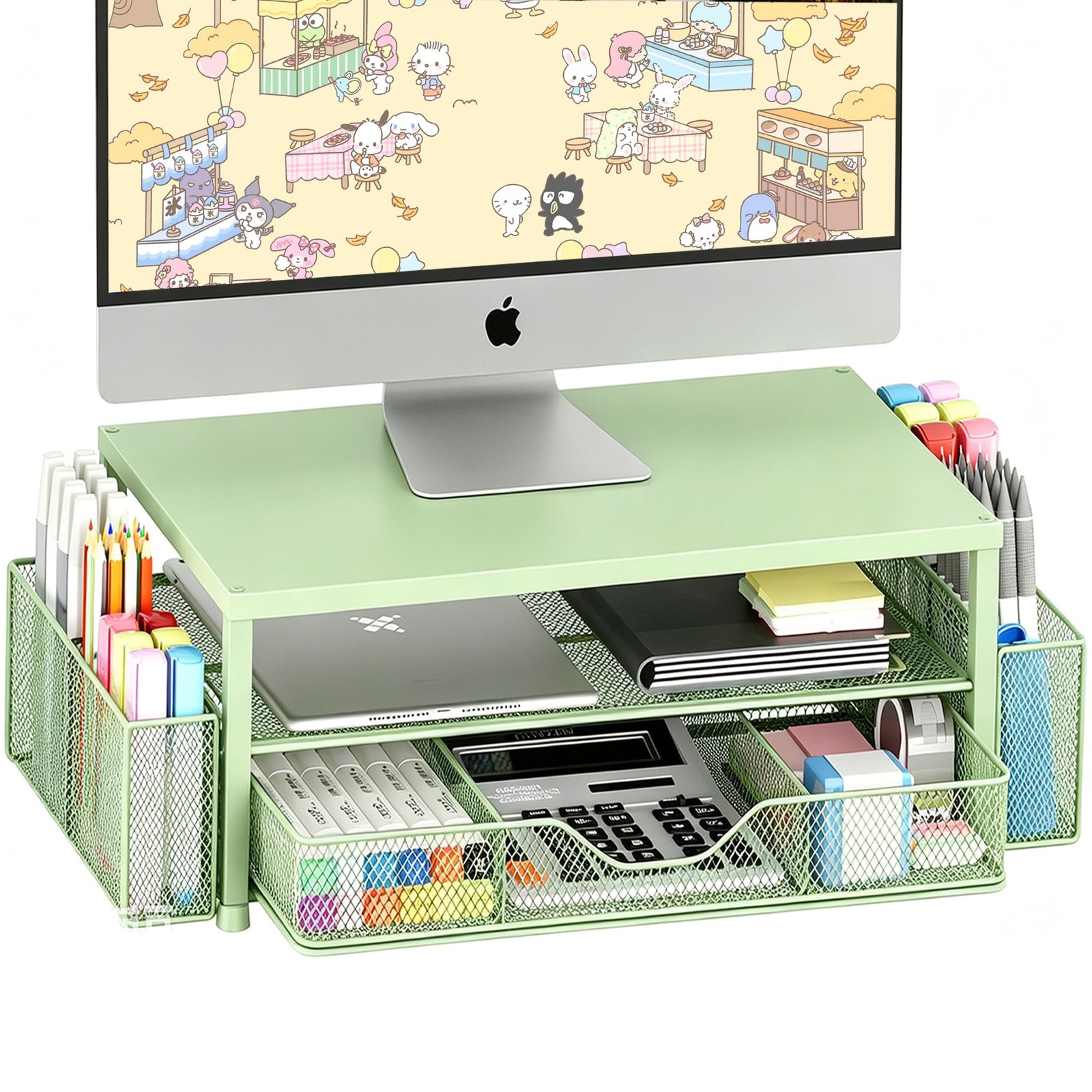 OPNICE Desk Organizers and With Drawer 2 Pen Holders, Green 1-Pack