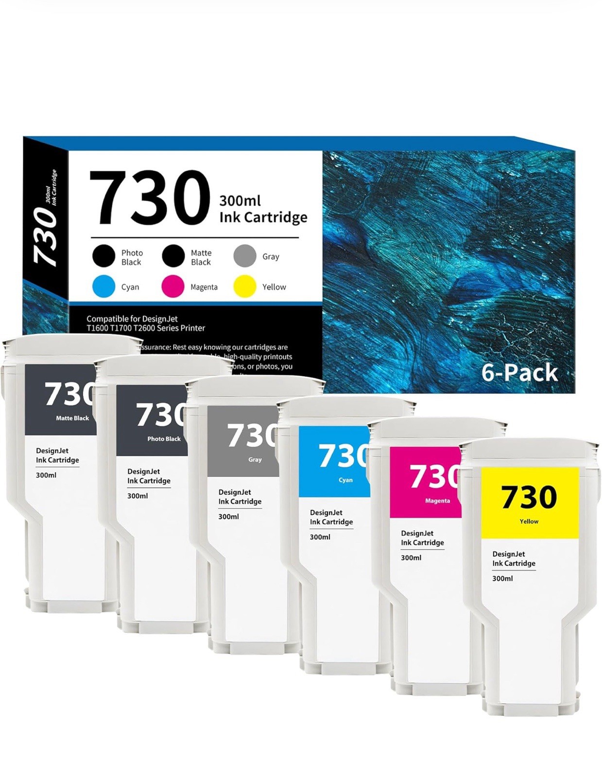 730 Ink Cartridges 300ml 6-Pack P2V68A P2V69A P2V70A P2V71A P2V72A P2V73A Rep...