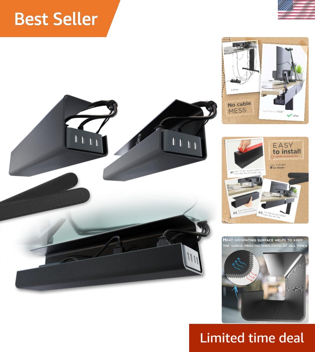 Durable Black Cable Management Trays - Easy Install Under Desk Solution, 2 Pack