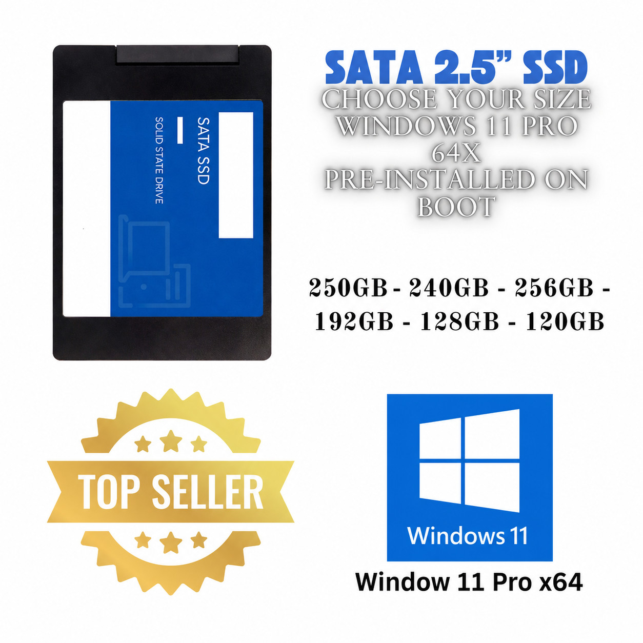 SSD 2.5" SATA Hard Drive for Laptop with Windows 11 pro 64 Pro Pre-installed