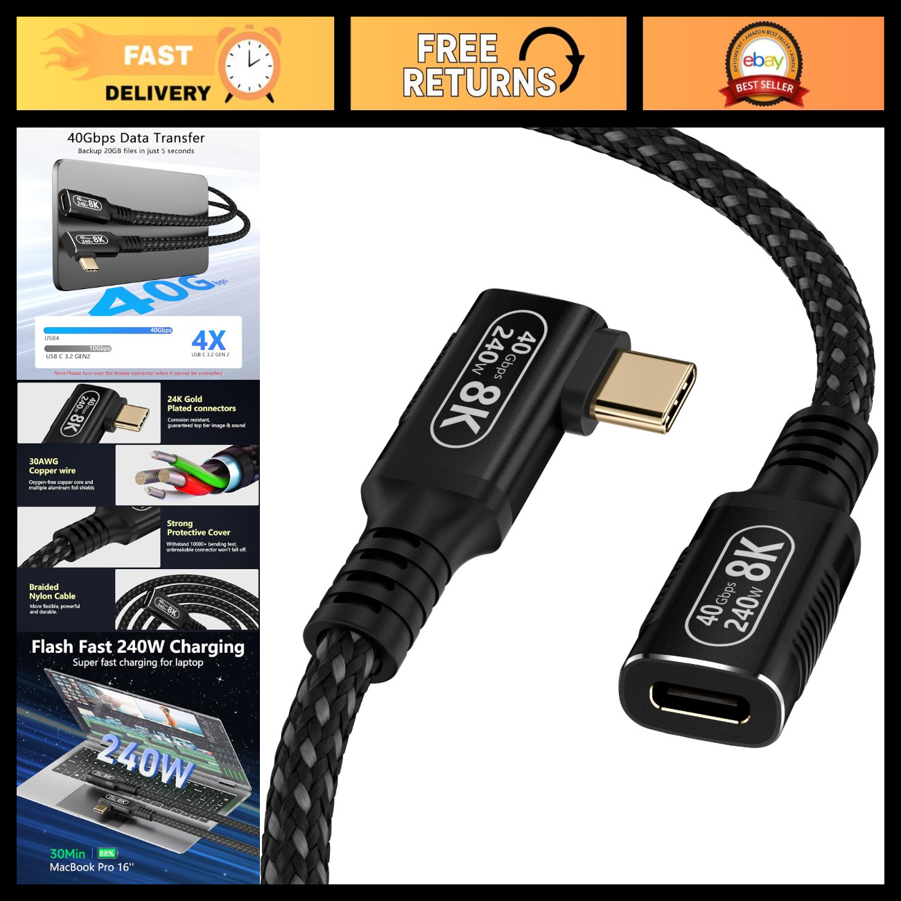 Ultra-Short 1.6FT USB C Extender Cable, 90° Right Angle, 40Gbps, 240W, 8K Video