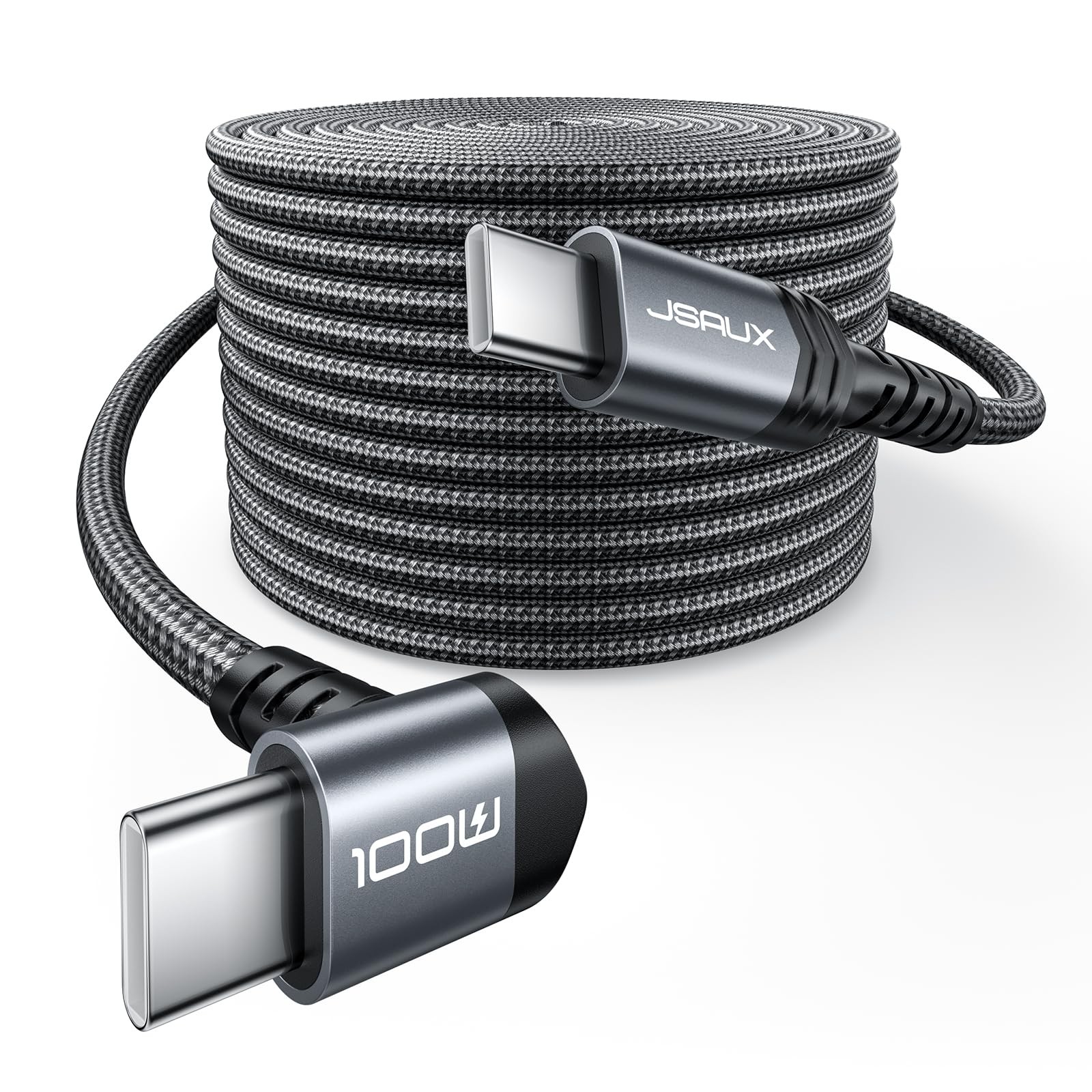 JSAUX USB C to C Cable 10FT, 100W Right Angle Fast 10FT - 1 Pack, Grey