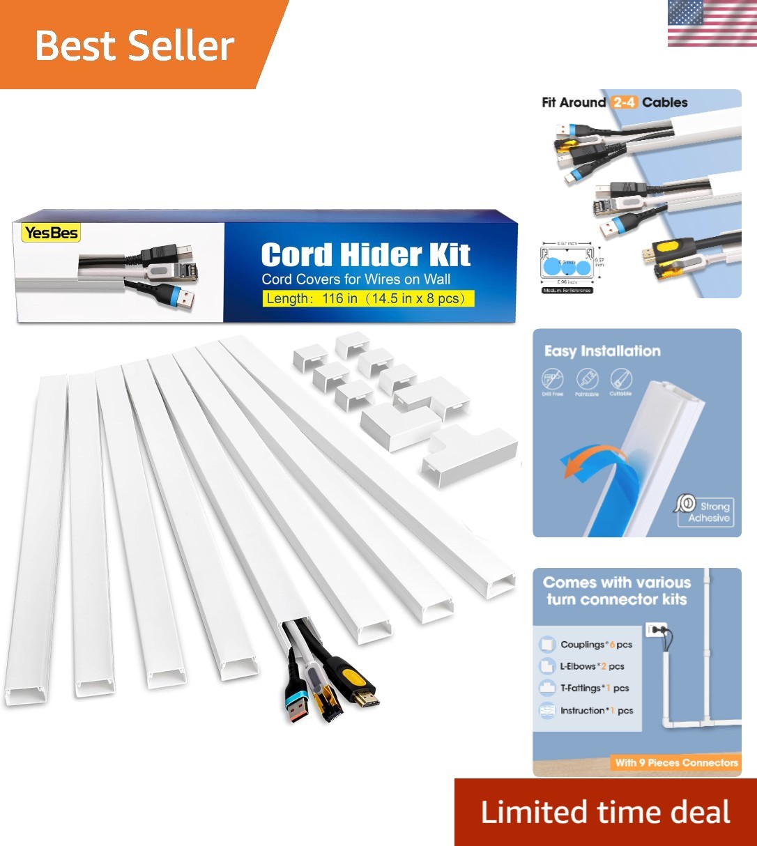 116in Paintable Cord Hider Kit - Elegant White Cable Covers for Organizing Cords