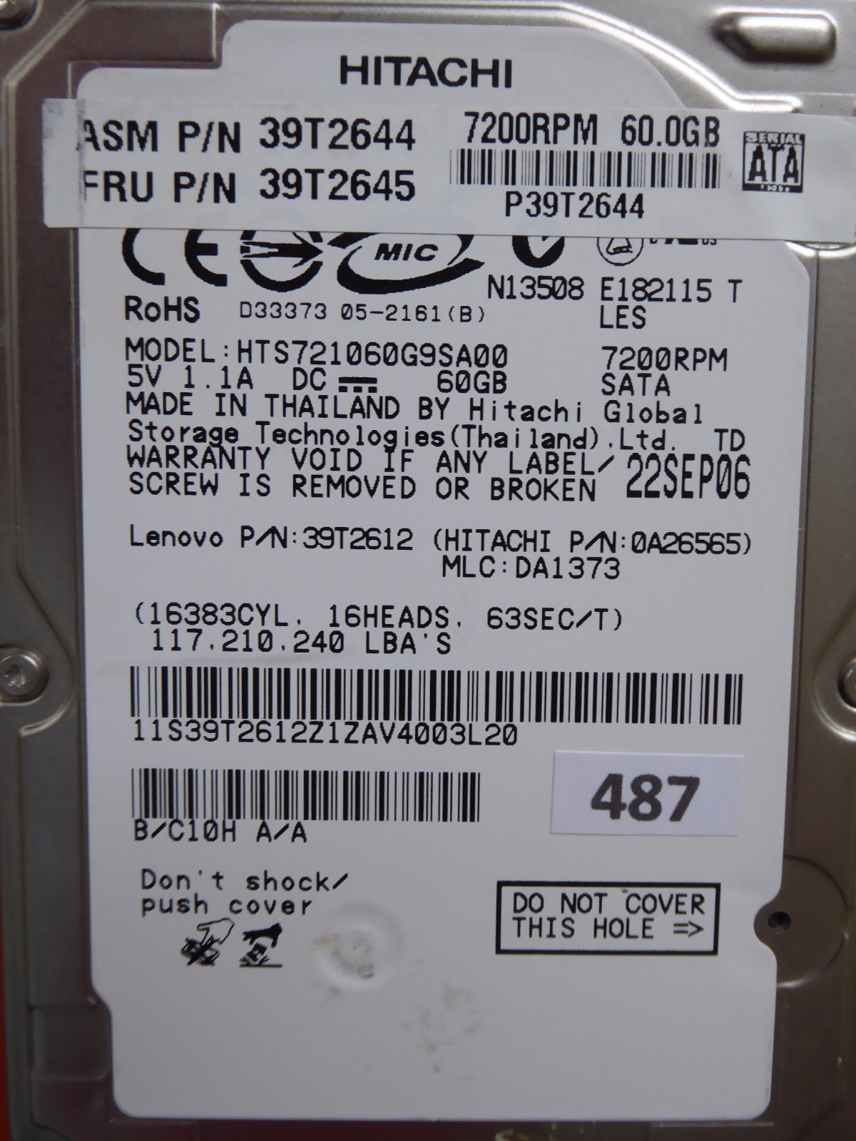60GB Hitachi HTS721060G9SA00 | P/N: 39T2612 | MLC: DA1373 | 22 SEP 2006 #487
