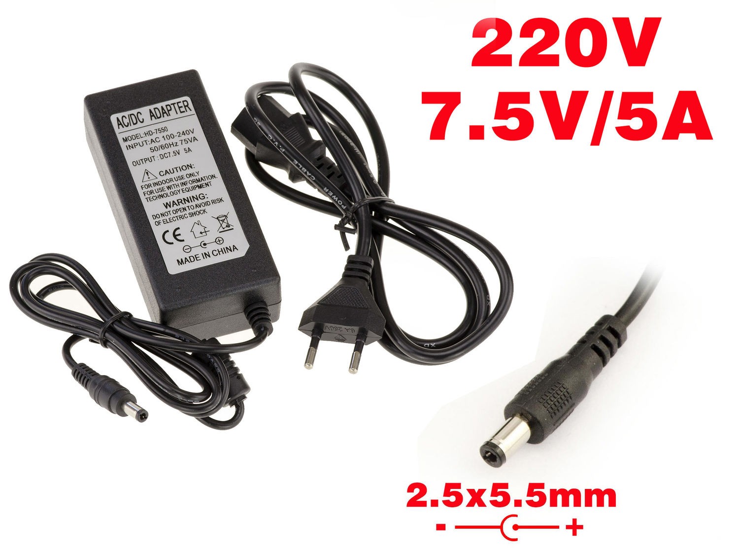 KALEA-INFORMATIQUE AC DC External Power Supply 220V to 7.5V 5A 2.5mm x 5.5mm