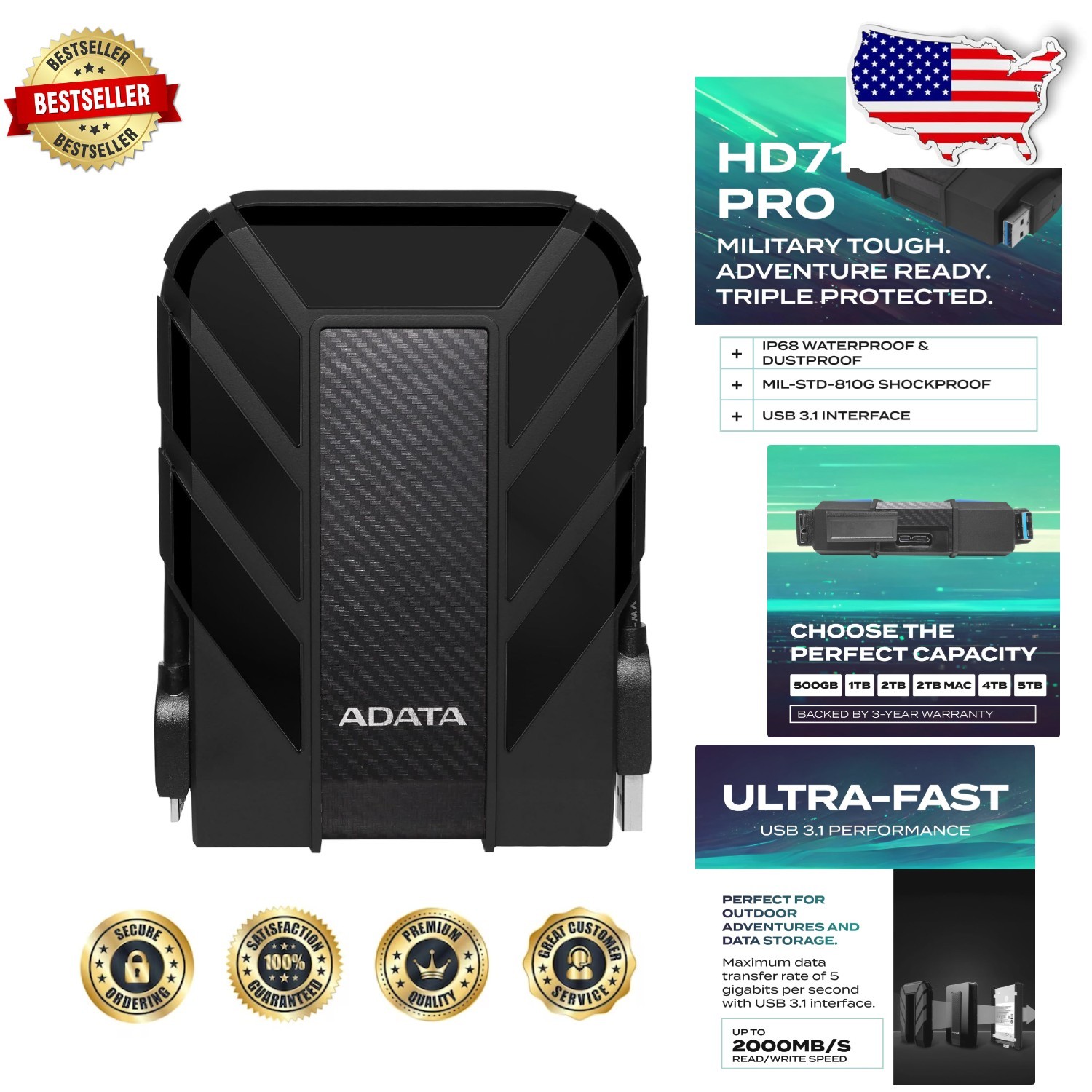 Portable 1TB External HDD ADATA HD710 Pro USB 3.2 Waterproof Dustproof