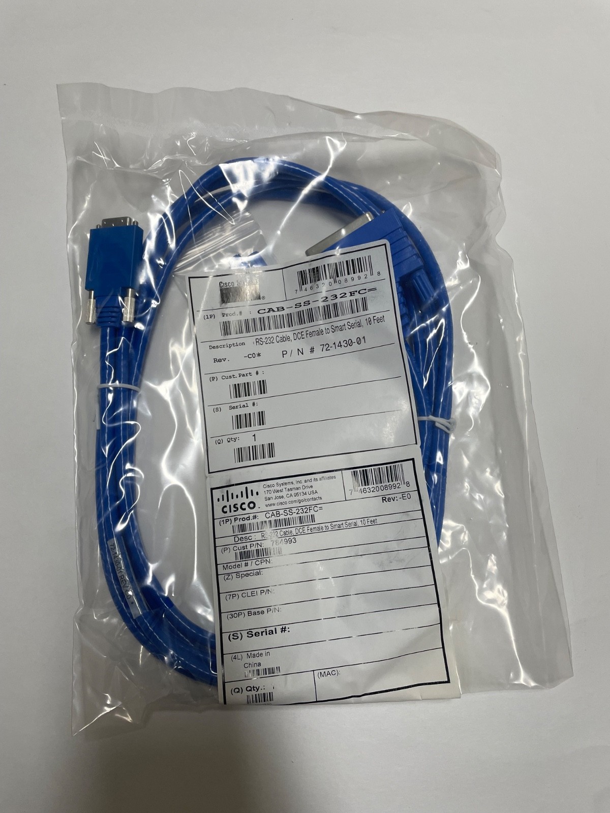 Genuine Cisco 10ft RS-232 Cable, DCE Female to Smart Serial CAB-SS-232FC Blue