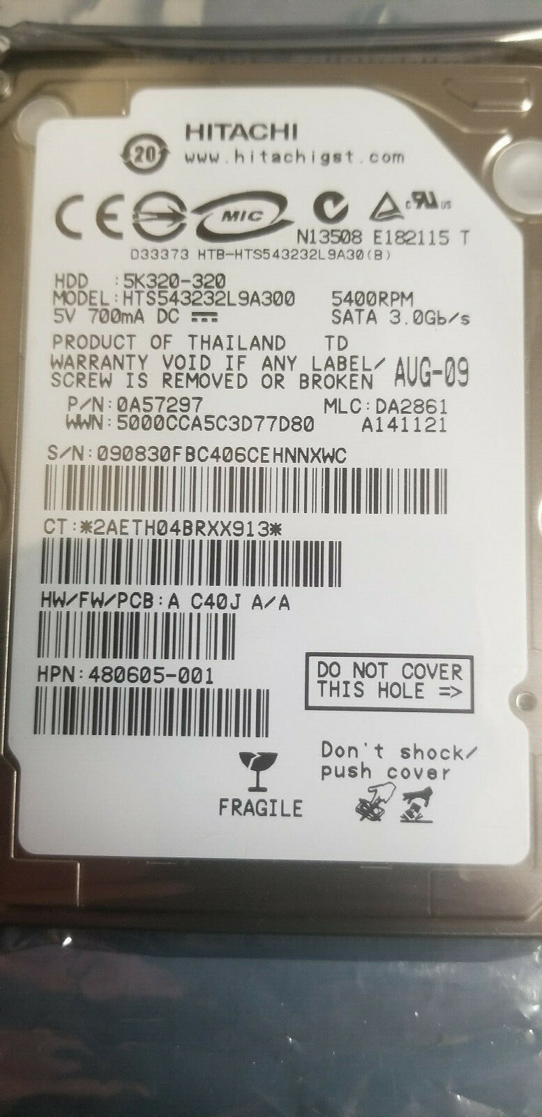Hitachi 320GB HTS543232L9A300 PN 0A57297 MLC DA2861 2.5"  HPN 480605-001