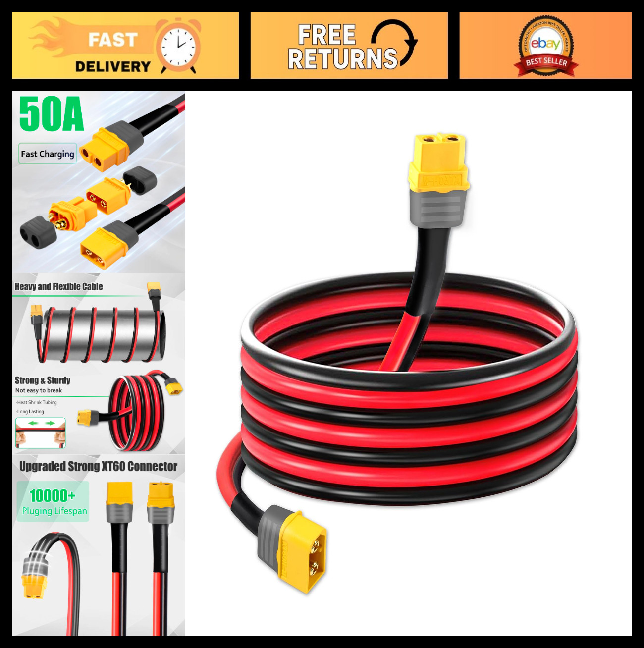 XT60 Extension Cable 12FT 10AWG Male Female Connectors for Power Station Batteri