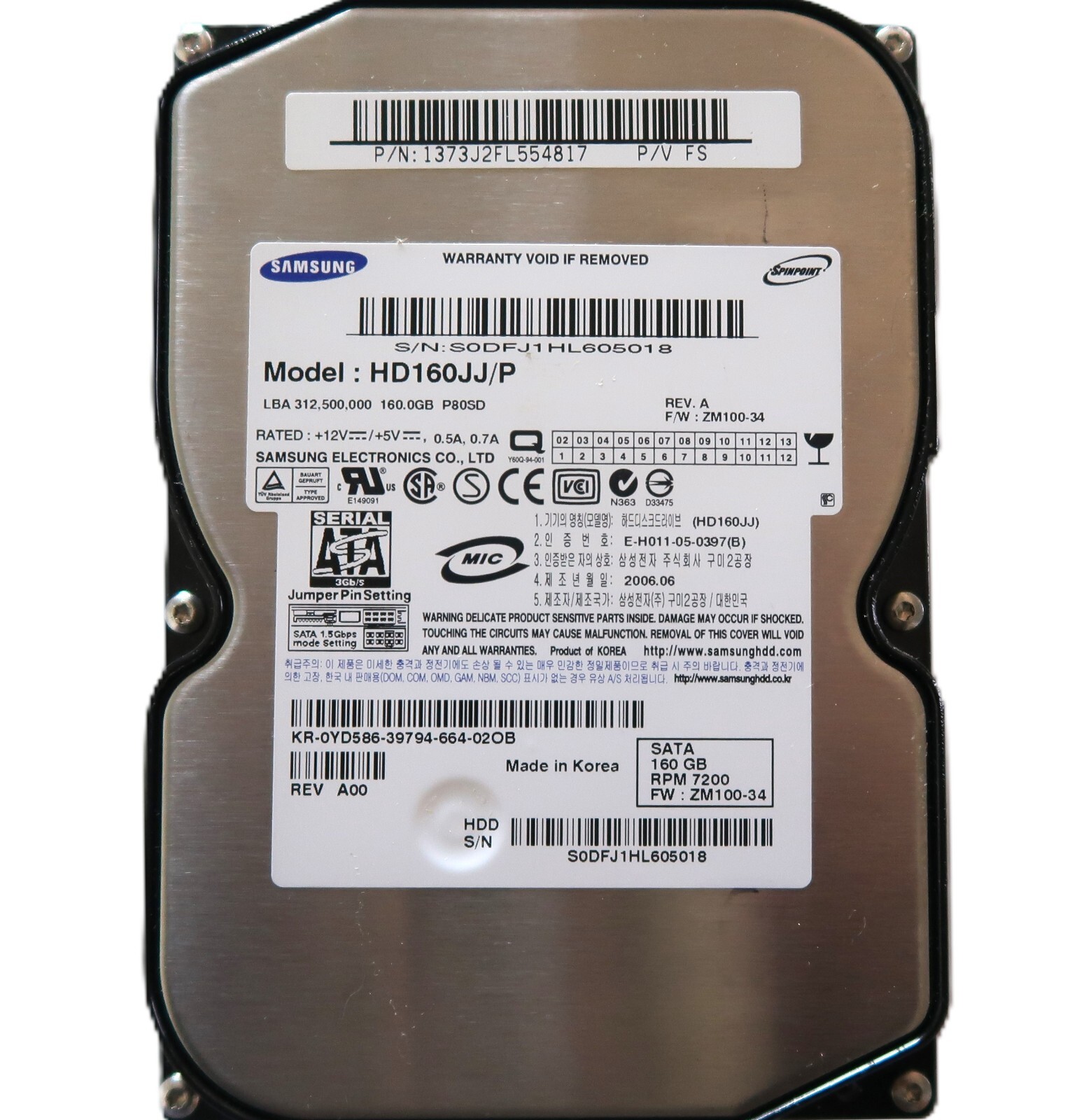 Samsung HD160JJ/P REV.A FW:ZM100-34 (P/V FS) Korea 160gb 3.5" Sata HDD 2006