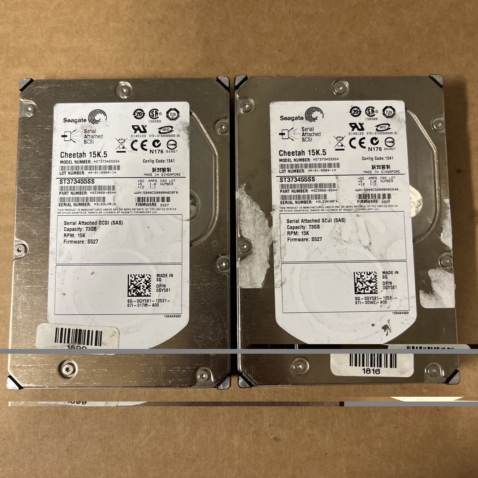 LOT Of (2) SEAGATE CHEETAH ST373455SS DELL GY581 73GB 15K SERVER SAS HARD DRIVE