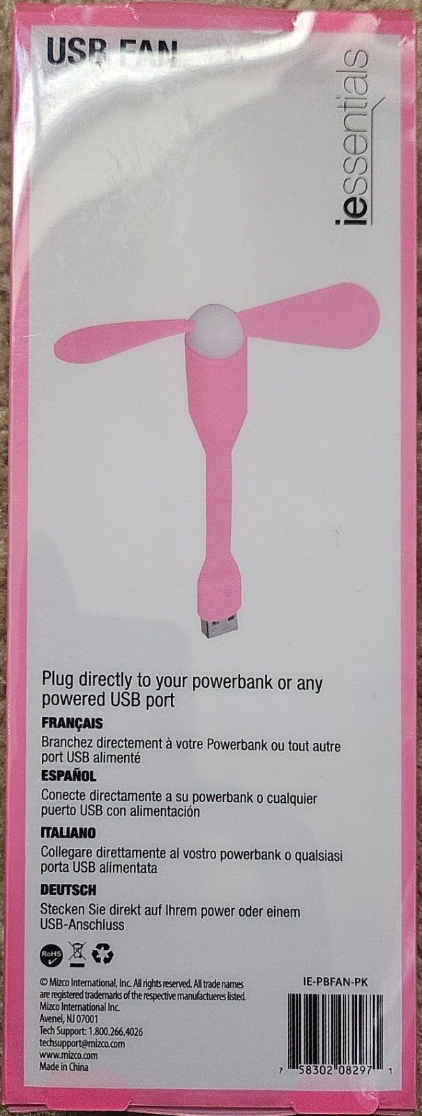 iessentials USB FAN (Blue) New in Box -plug into power bank or any USB port (A15