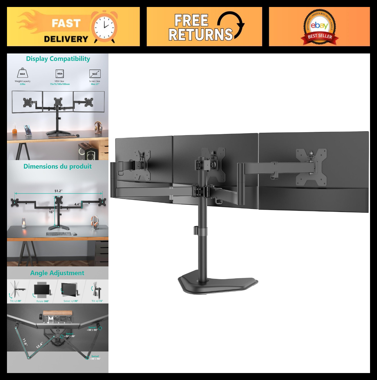 Triple Monitor Stand for 13-27" Screens, Adjustable Full Motion, Tilt & Swivel,