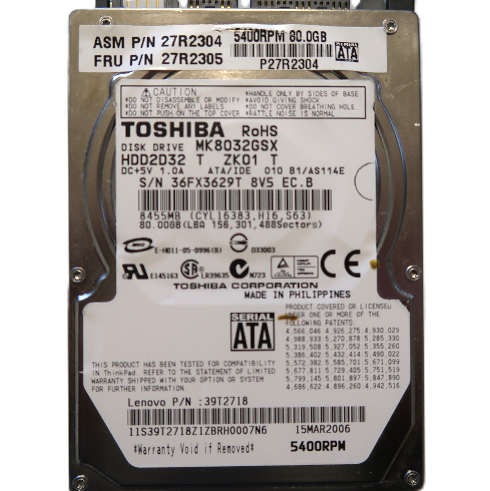 Toshiba MK8032GSX HDD2D32 T ZK01 T 010 B1/AS114E 39T2718 2.5" 80gb Sata HDD 2006