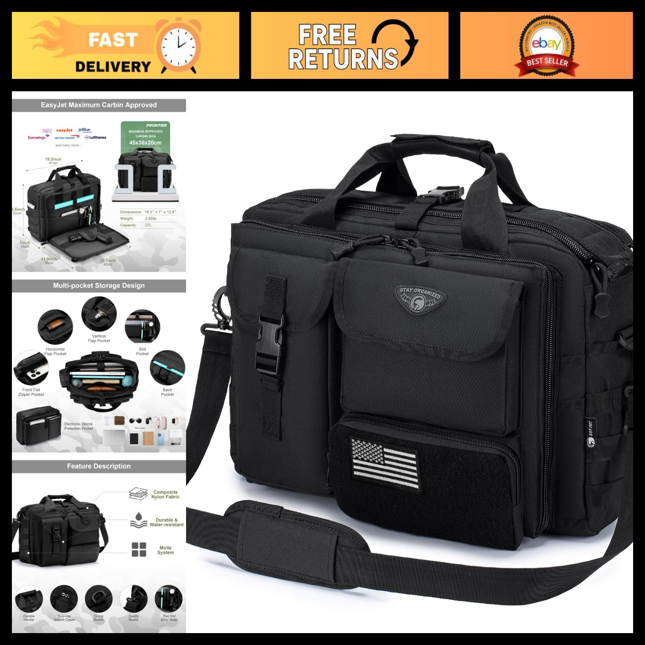 Tactical Messenger Bag for Men, Military Laptop Briefcase 14"/15.6"/17.3" Work B