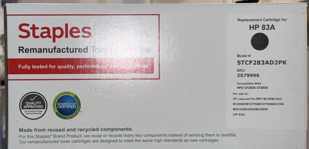 Staples TRU RED Toner Cartridge Replacement HP83A CF283A 2 Pack