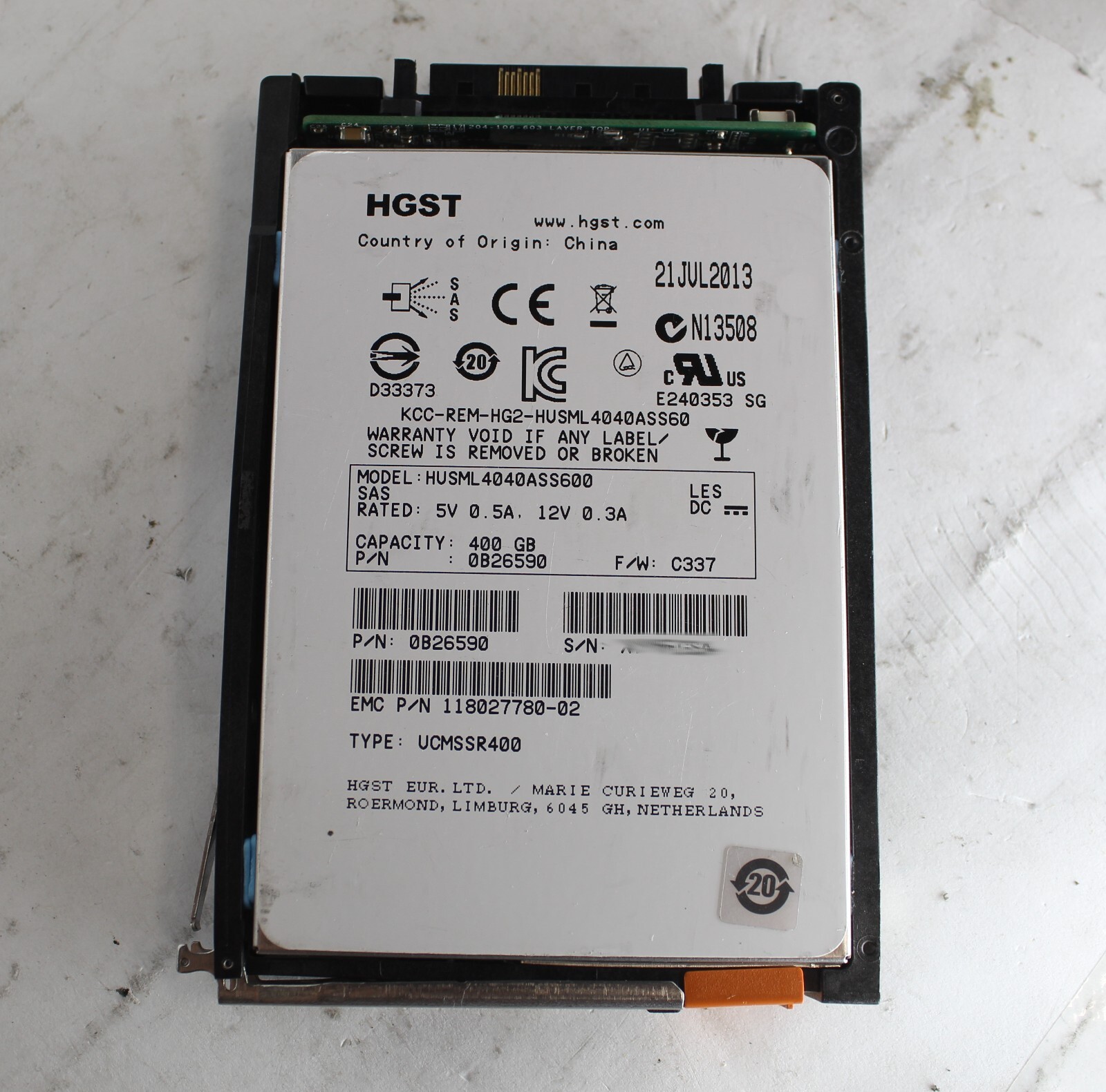 HGST HUSML4040ASS600 400GB SAS 6Gbps 2.5 Drive P/N 0B26590 118022780-02 w/caddy