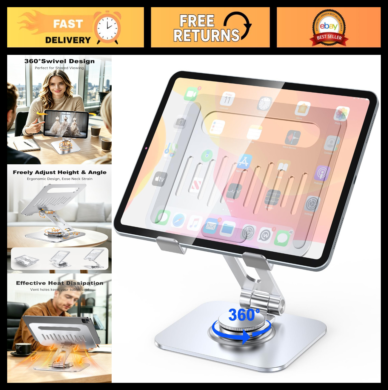 360° Rotating Aluminum Tablet Stand Holder for 4-13" Devices - Adjustable & Stur