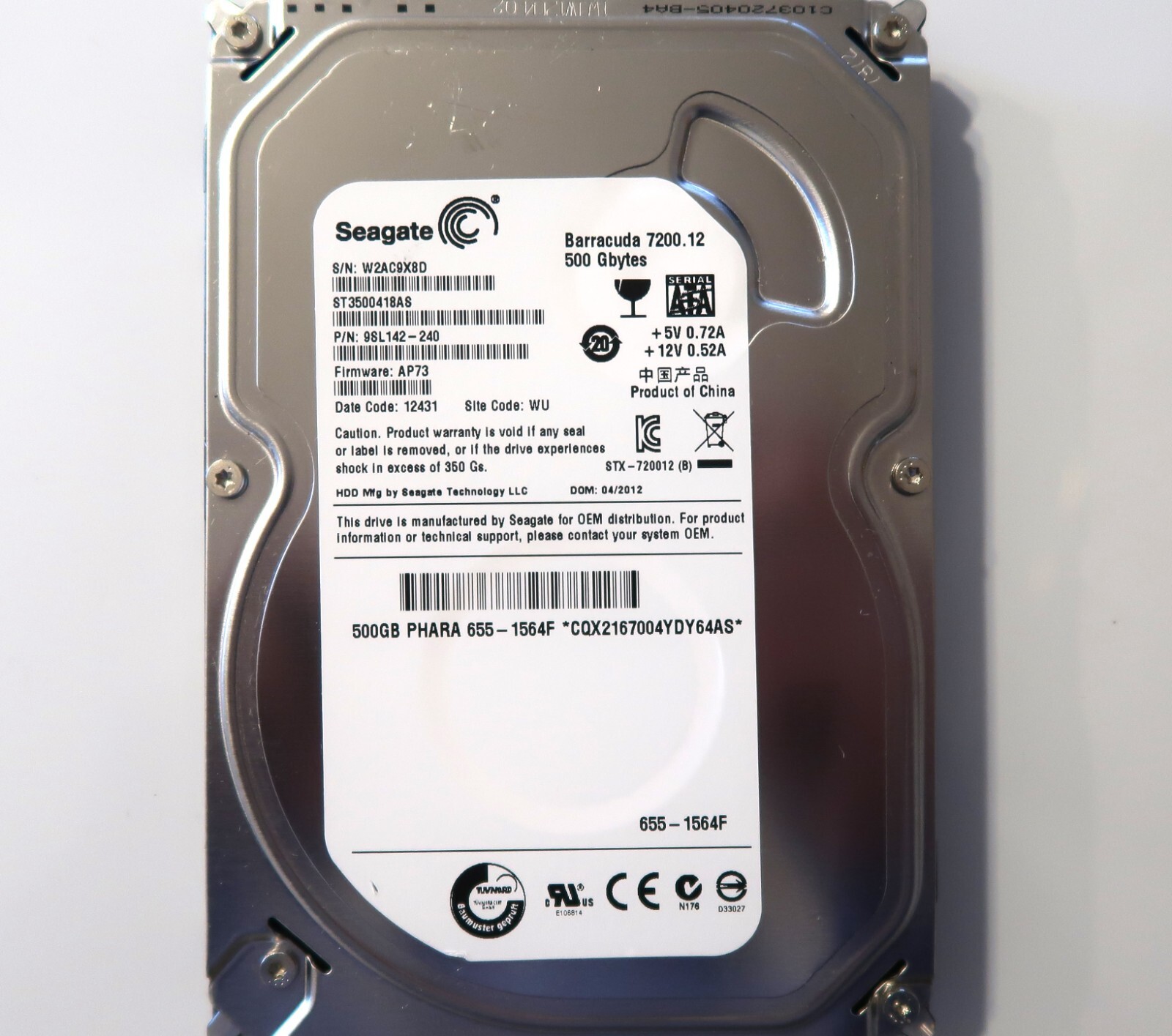Seagate ST3500418AS 9SL142-240 AP73 WU (W2A) China 3.5" 500gb Sata HDD 04.2012