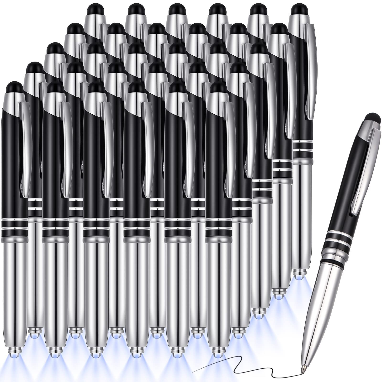 Pack 3-in-1 Stylus Pens Touchscreen Ballpoint Black Ink LED Light Aluminum