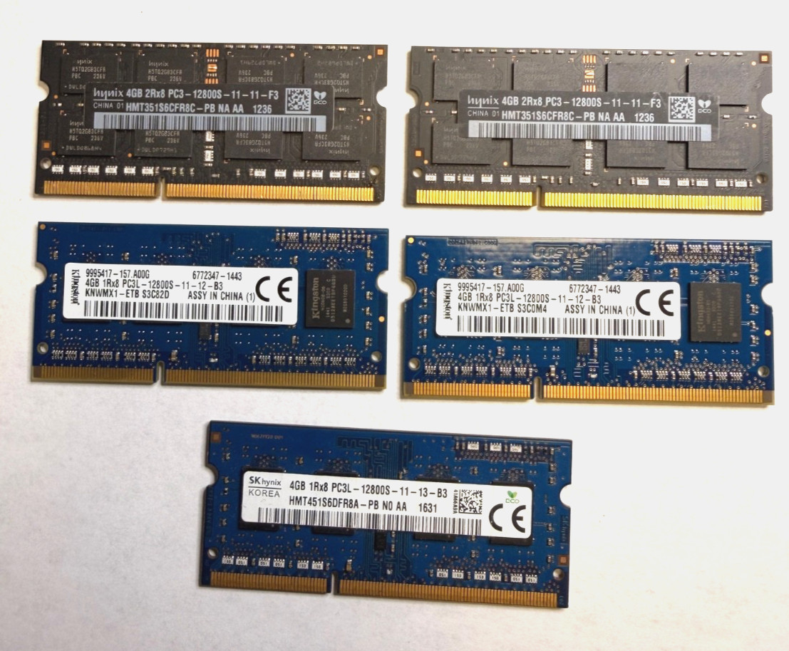 LOT of 5 SK HYNIX Kingston  4GB DDR3 PC3-12800 1600MHz LAPTOP MEMORY RAM