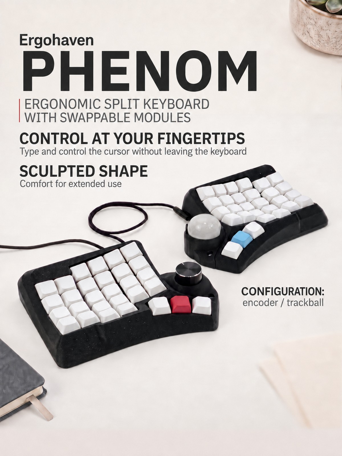 Ergohaven Phenom Split Ergonomic Mechanical Keyboard with 38 mm Trackball