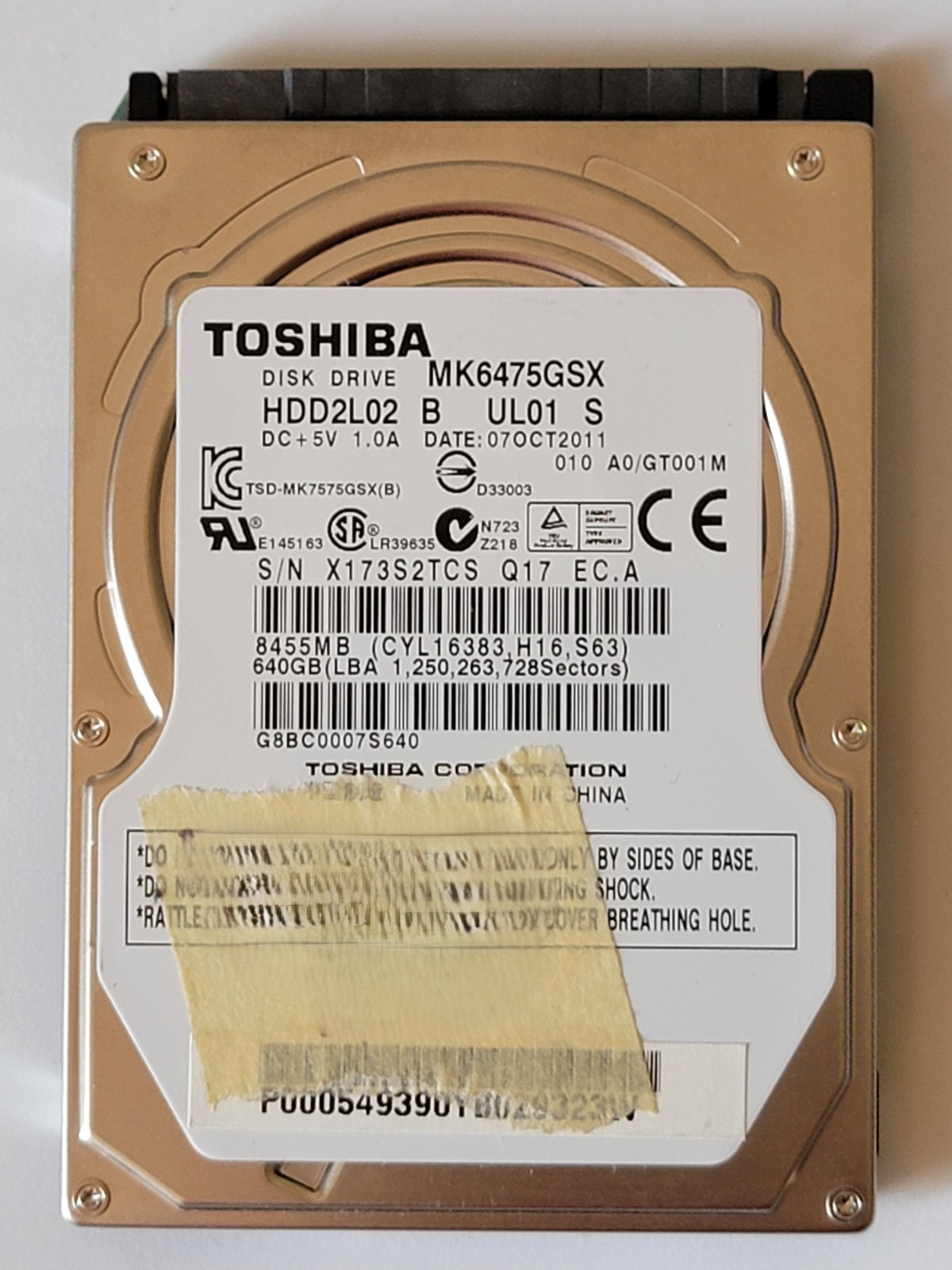 TOSHIBA 500GB Laptop Hard Disk HDD 2.5" 5400RPM SATA 3Gb/s 8MB Cache MK5076GSXN