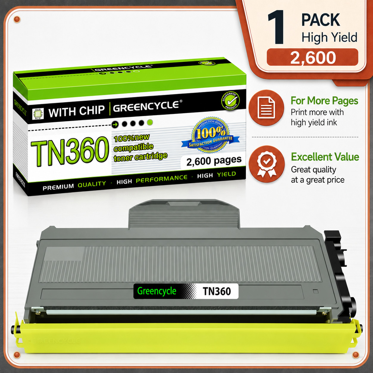 1PK Black TN360 Toner Cartridge For Brother MFC-7340 MFC-7345DN HL-2170W HL-2140