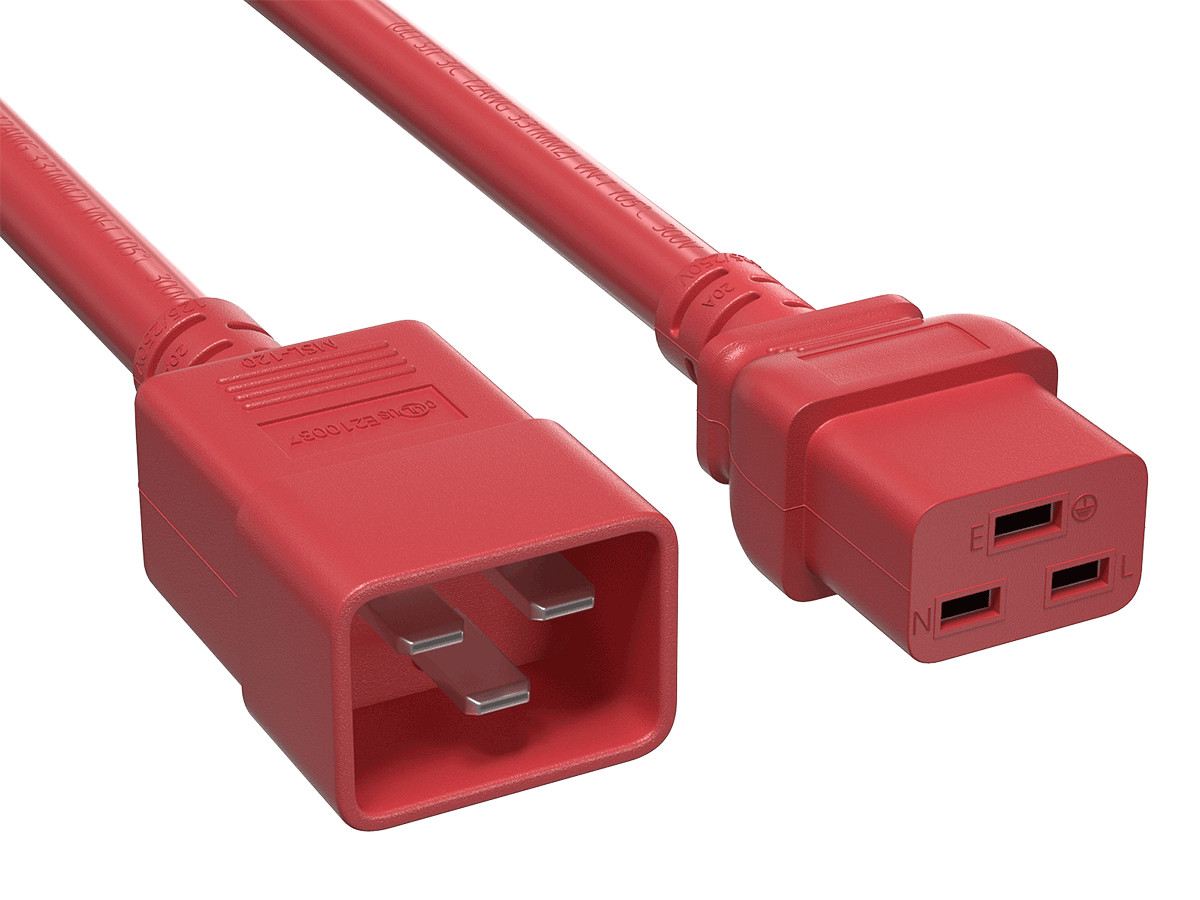 2ft IEC320 C20 to C19 Heavy Duty Extension Power Cord, 12AWG, SJT, 20A/250V, Red